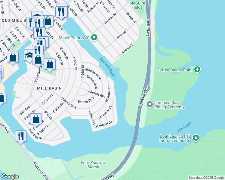 map of restaurants, bars, coffee shops, grocery stores, and more near 161 Whitman Drive in Brooklyn