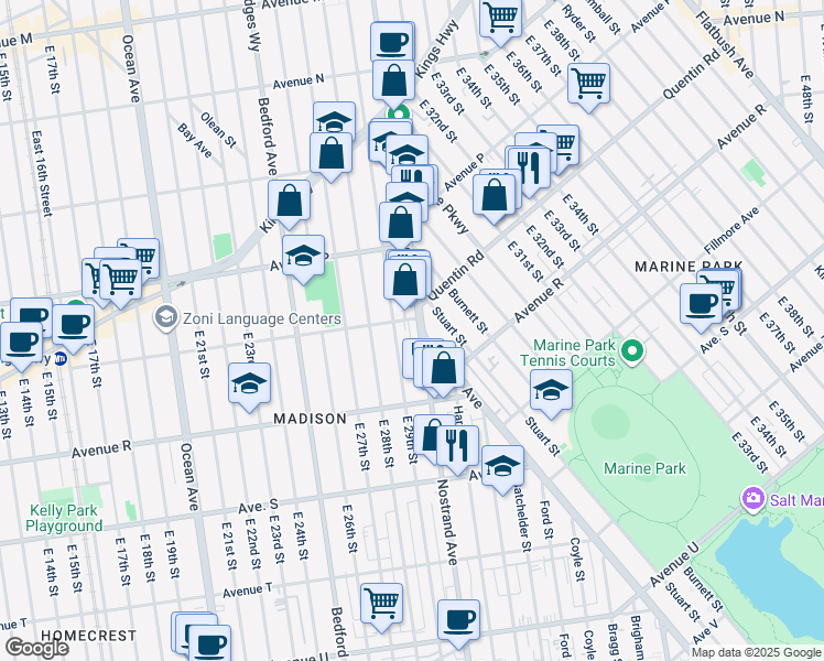 map of restaurants, bars, coffee shops, grocery stores, and more near 3062 Nostrand Ave in Brooklyn