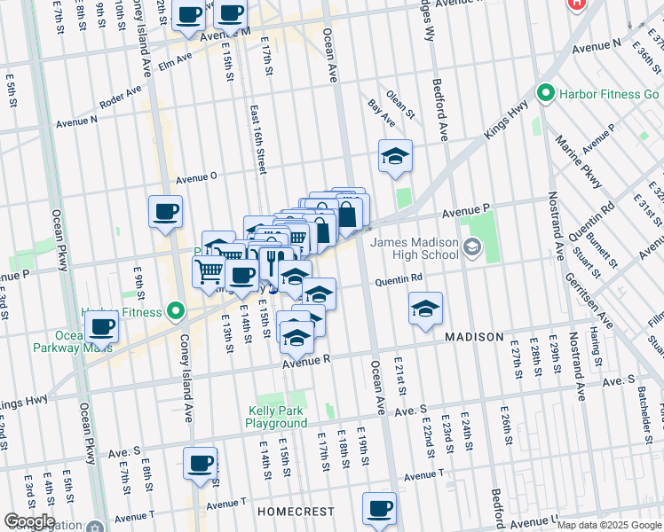 map of restaurants, bars, coffee shops, grocery stores, and more near 1661 East 19th Street in Brooklyn