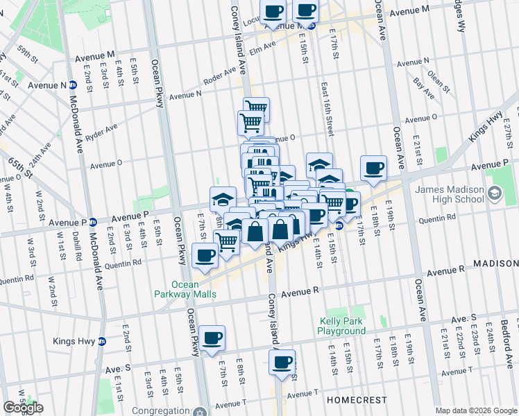 map of restaurants, bars, coffee shops, grocery stores, and more near 1957 Coney Island Avenue in Brooklyn
