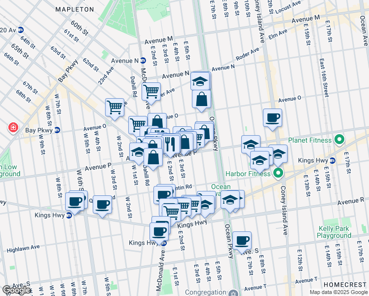 map of restaurants, bars, coffee shops, grocery stores, and more near 462 Avenue P in Brooklyn