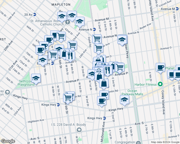 map of restaurants, bars, coffee shops, grocery stores, and more near 1522 West 1st Street in Brooklyn