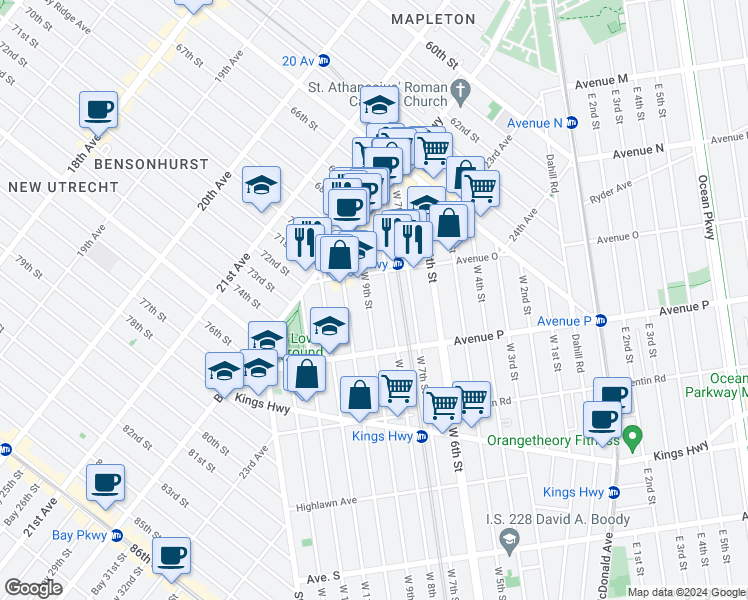 map of restaurants, bars, coffee shops, grocery stores, and more near 1528 West 9th Street in Brooklyn