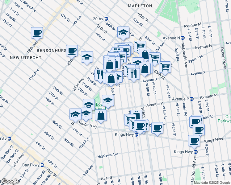 map of restaurants, bars, coffee shops, grocery stores, and more near 1528 West 9th Street in Brooklyn