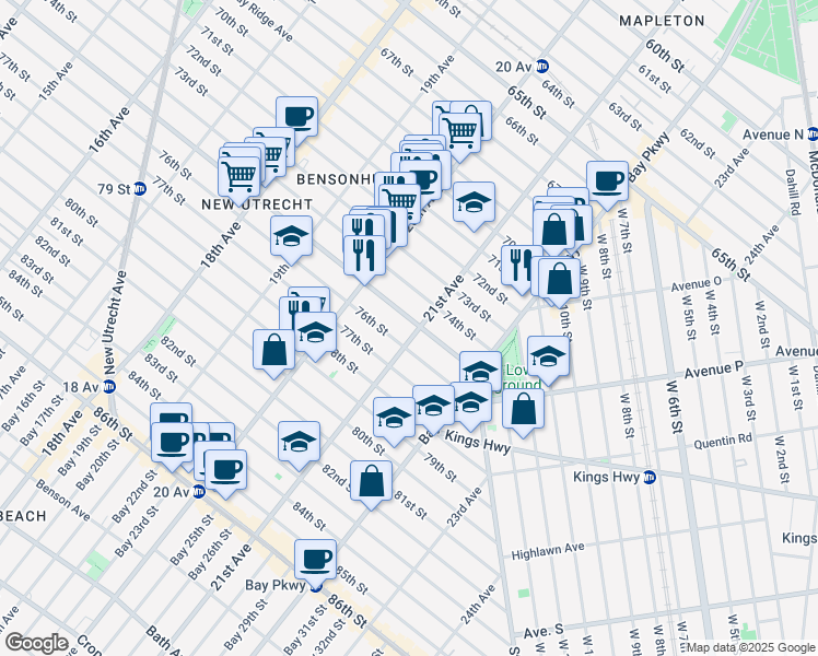 map of restaurants, bars, coffee shops, grocery stores, and more near 2065 76th Street in Brooklyn