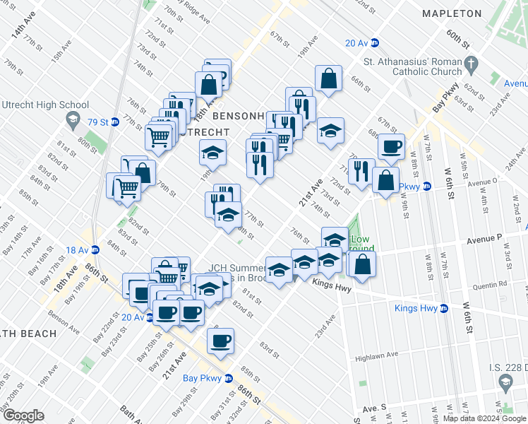 map of restaurants, bars, coffee shops, grocery stores, and more near 2027 77th Street in Brooklyn