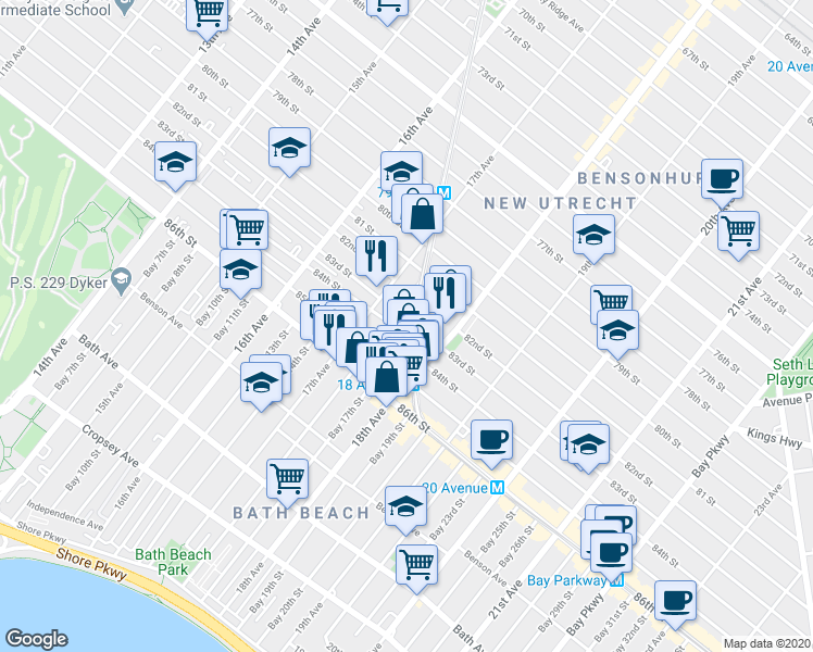 map of restaurants, bars, coffee shops, grocery stores, and more near 1735 84th Street in Brooklyn