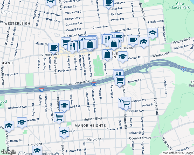 map of restaurants, bars, coffee shops, grocery stores, and more near 101A Gannon Avenue North in Staten Island