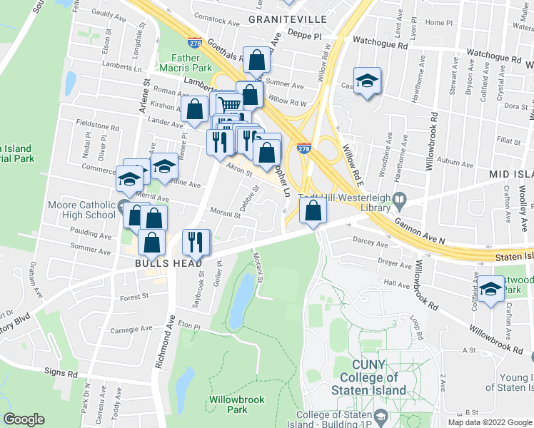 map of restaurants, bars, coffee shops, grocery stores, and more near 131 Morani Street in Staten Island