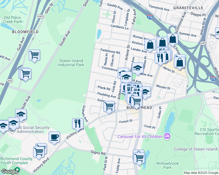 map of restaurants, bars, coffee shops, grocery stores, and more near 35 Plank Road in Staten Island