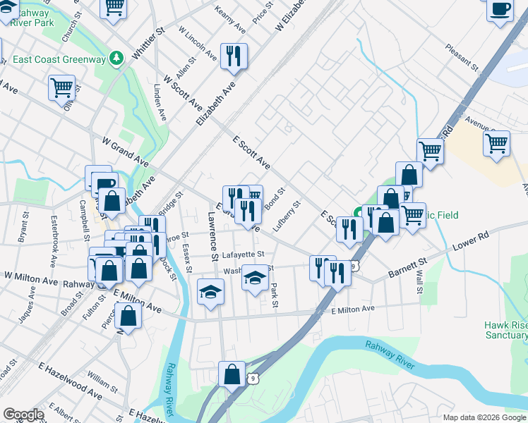 map of restaurants, bars, coffee shops, grocery stores, and more near 1921 Bond Street in Rahway