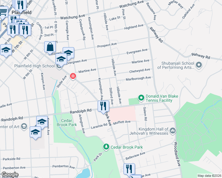 map of restaurants, bars, coffee shops, grocery stores, and more near 1131 Stilford Avenue in Plainfield