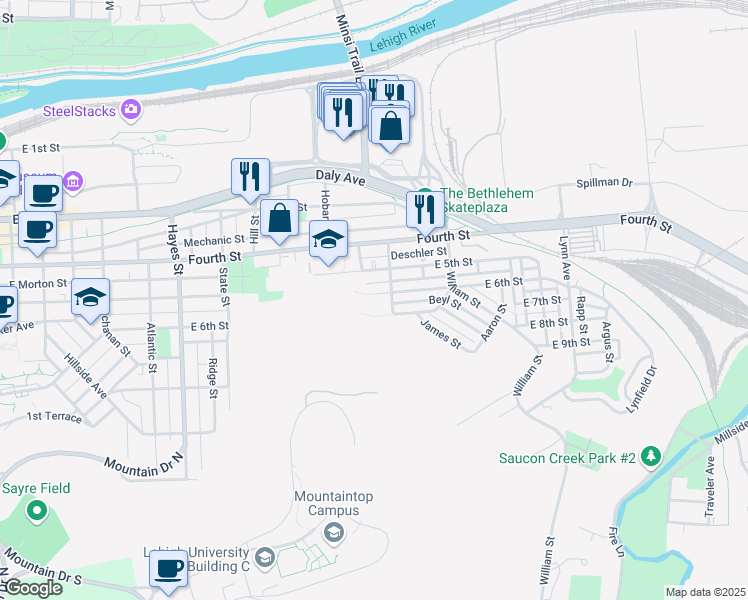 map of restaurants, bars, coffee shops, grocery stores, and more near 1256 East 6th Street in Bethlehem