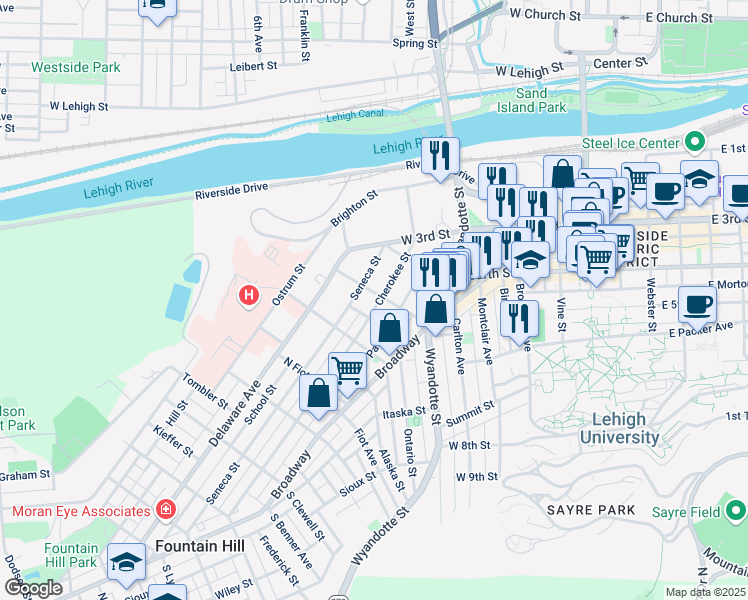 map of restaurants, bars, coffee shops, grocery stores, and more near 614 Dakotah Street in Bethlehem