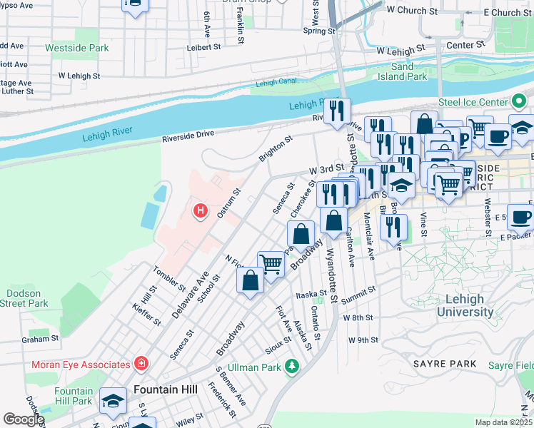 map of restaurants, bars, coffee shops, grocery stores, and more near 512 Seneca Street in Bethlehem