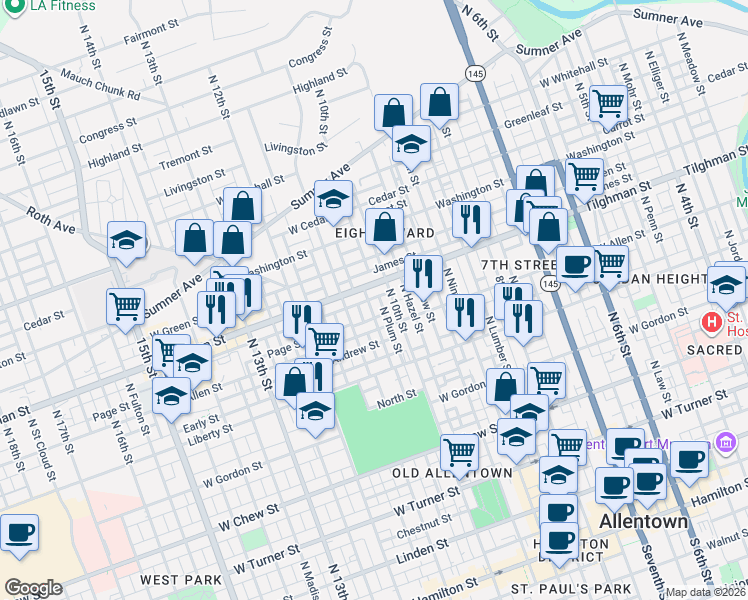 map of restaurants, bars, coffee shops, grocery stores, and more near 639 North Howard Street in Allentown