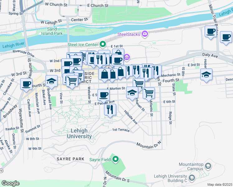 map of restaurants, bars, coffee shops, grocery stores, and more near 429 East 5th Street in Bethlehem
