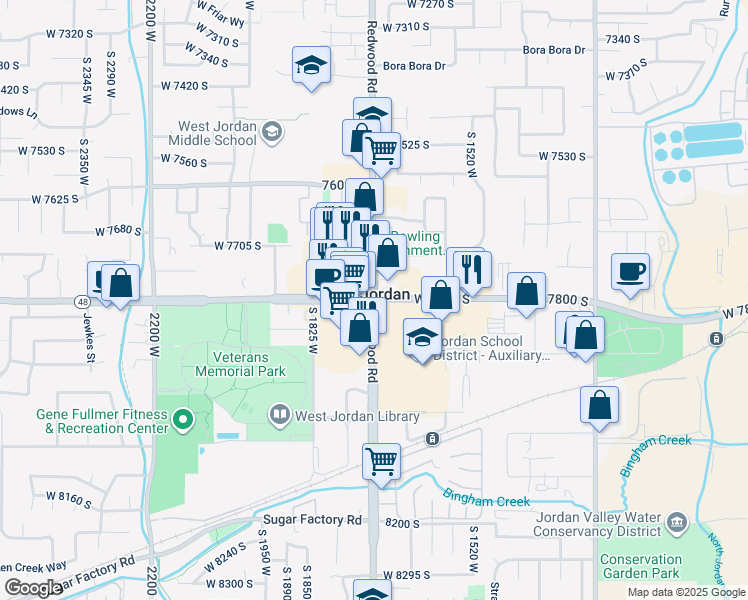 map of restaurants, bars, coffee shops, grocery stores, and more near 7800 South Redwood Road in West Jordan