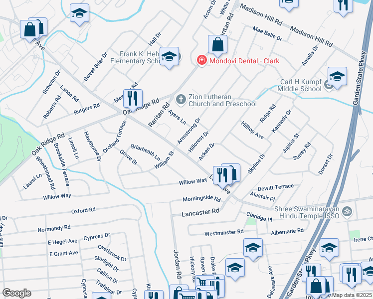 map of restaurants, bars, coffee shops, grocery stores, and more near 8 Hillcrest Drive in Clark