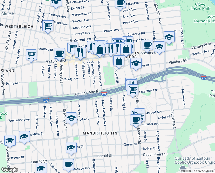 map of restaurants, bars, coffee shops, grocery stores, and more near 101A Gannon Avenue North in Staten Island