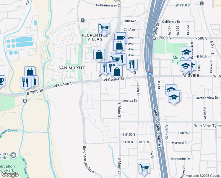 map of restaurants, bars, coffee shops, grocery stores, and more near 759 West Center Street in Midvale