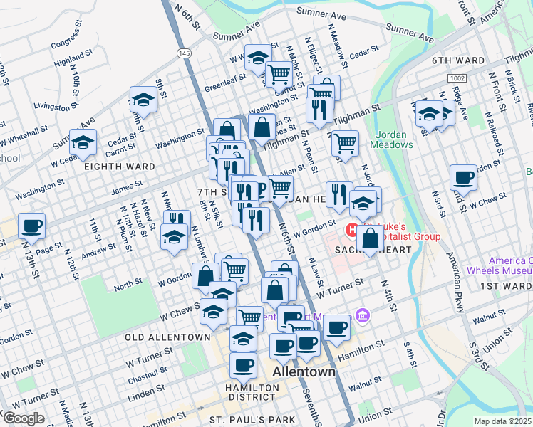 map of restaurants, bars, coffee shops, grocery stores, and more near 616 Liberty Street in Allentown