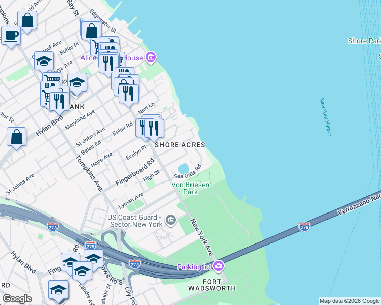 map of restaurants, bars, coffee shops, grocery stores, and more near 34 Sea Gate Road in Staten Island