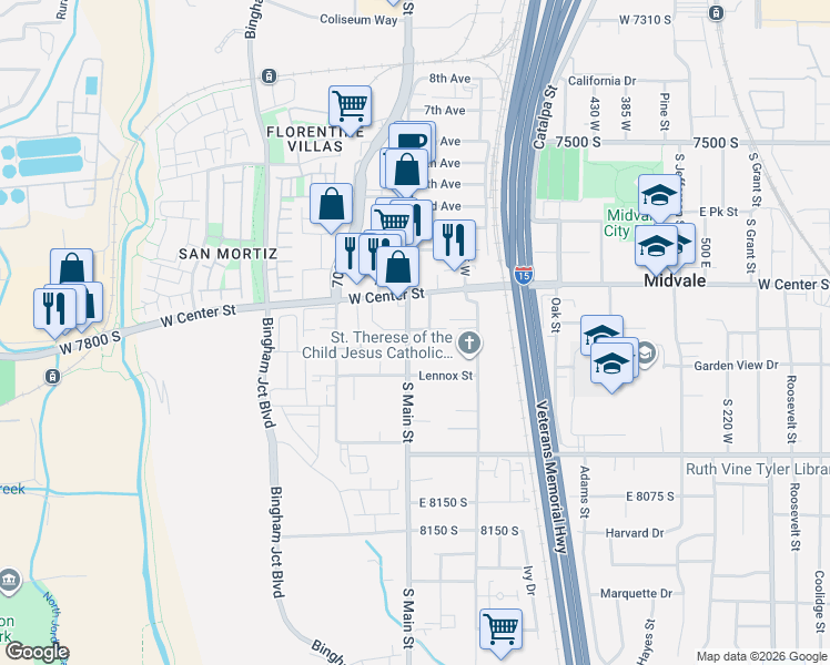 map of restaurants, bars, coffee shops, grocery stores, and more near 7804 Main Street in Midvale