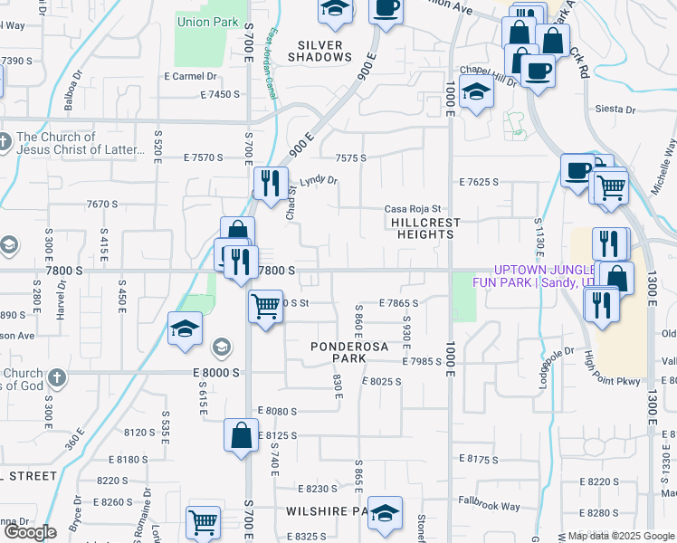 map of restaurants, bars, coffee shops, grocery stores, and more near 7027 Ponderosa Way in Sandy