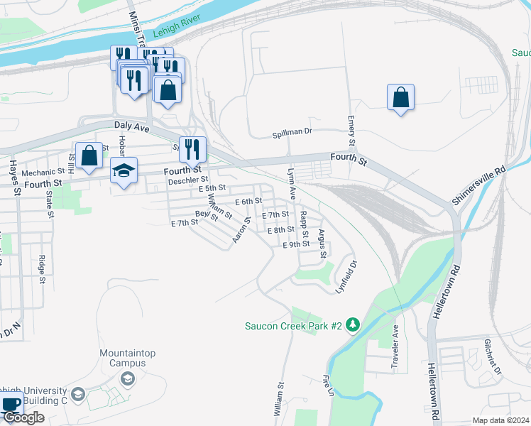 map of restaurants, bars, coffee shops, grocery stores, and more near 1501 East 7th Street in Bethlehem