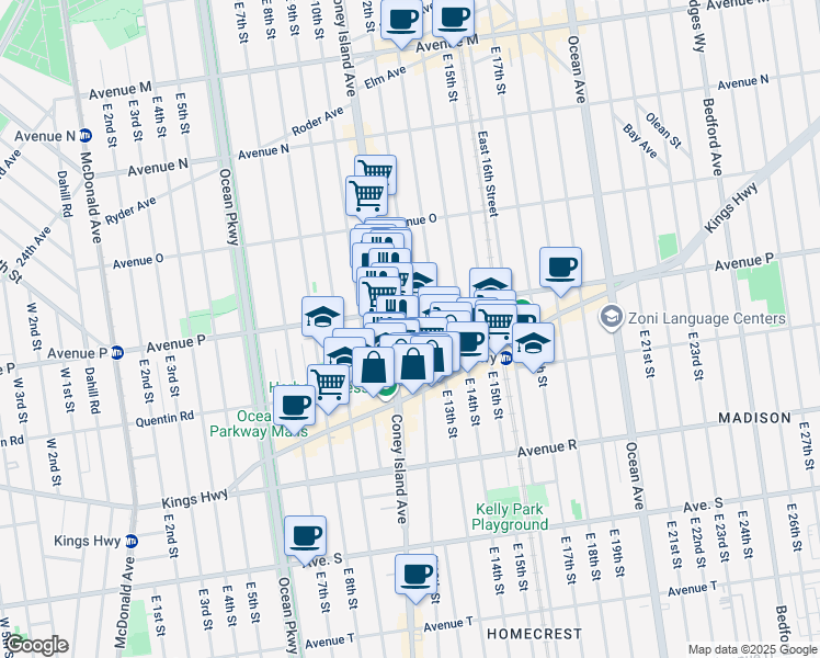 map of restaurants, bars, coffee shops, grocery stores, and more near 1957 Coney Island Avenue in Brooklyn