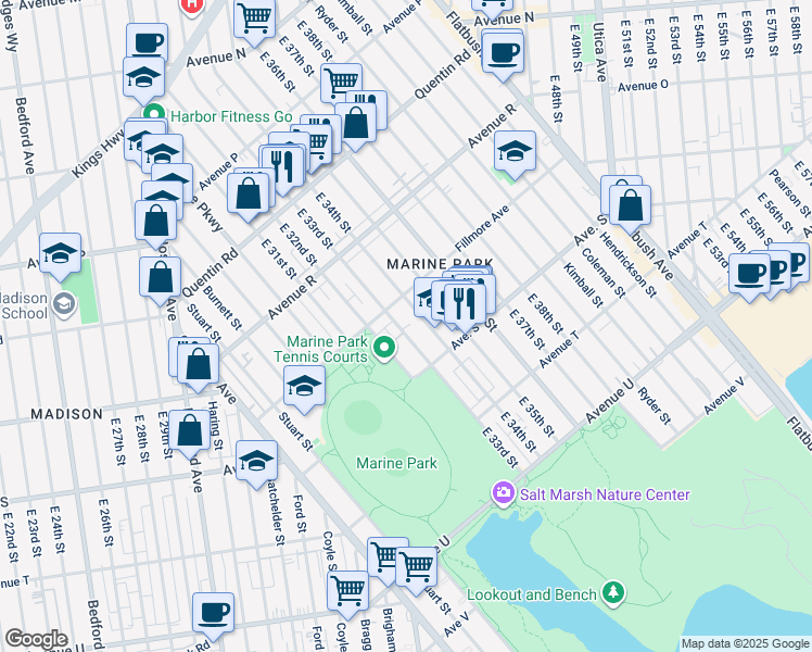 map of restaurants, bars, coffee shops, grocery stores, and more near 1929 East 33rd Street in Brooklyn