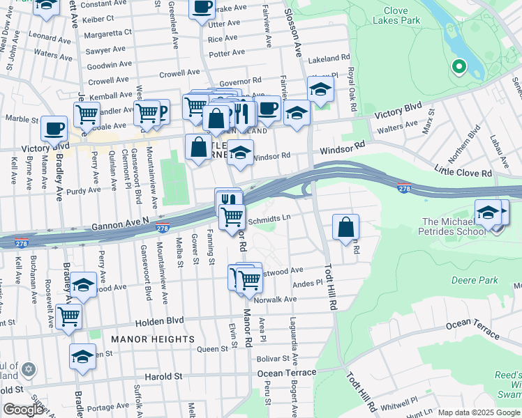 map of restaurants, bars, coffee shops, grocery stores, and more near 215 Schmidts Lane in Staten Island