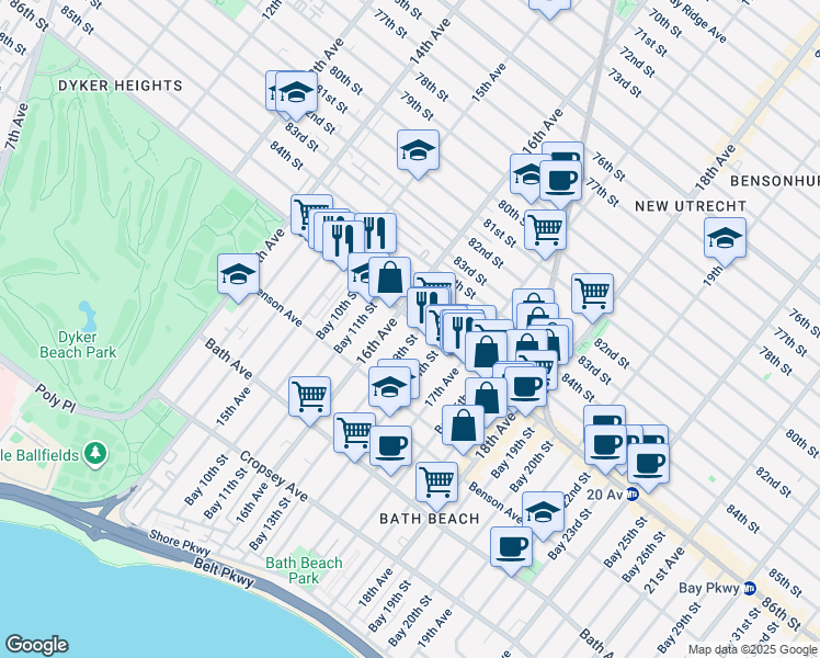 map of restaurants, bars, coffee shops, grocery stores, and more near 1614 86th Street in Brooklyn