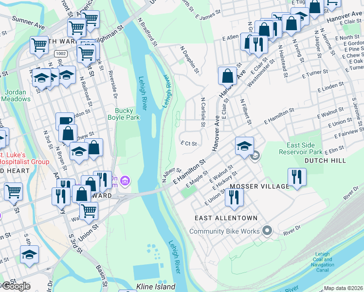 map of restaurants, bars, coffee shops, grocery stores, and more near 218 East Court Street in Allentown