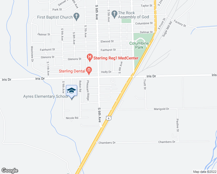 map of restaurants, bars, coffee shops, grocery stores, and more near 501 Jonquil Street in Sterling