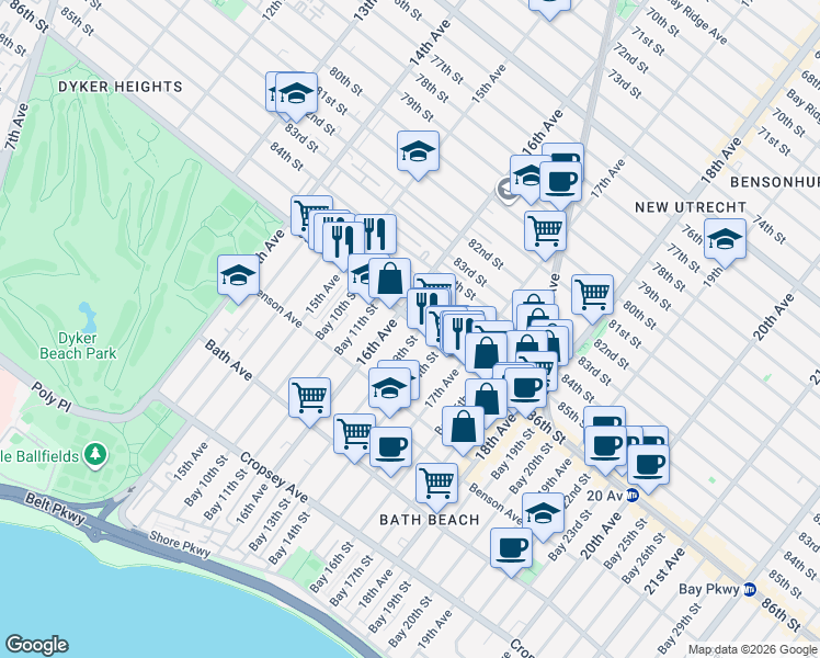map of restaurants, bars, coffee shops, grocery stores, and more near 1614-1616 86th Street in Brooklyn