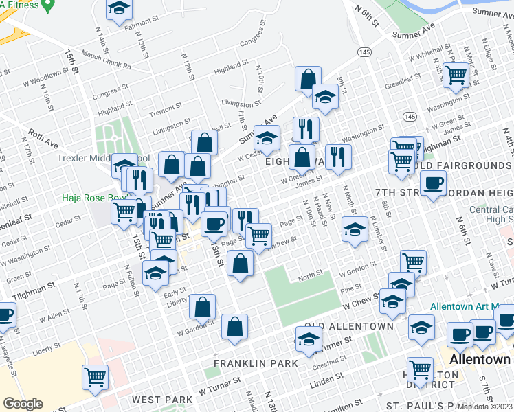 map of restaurants, bars, coffee shops, grocery stores, and more near 1123 Tilghman Street in Allentown