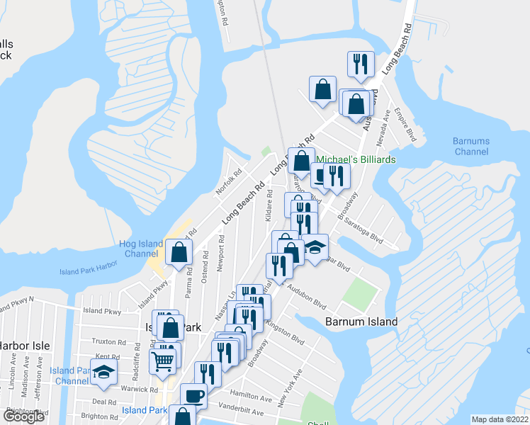 map of restaurants, bars, coffee shops, grocery stores, and more near 28 Kildare Road in Island Park