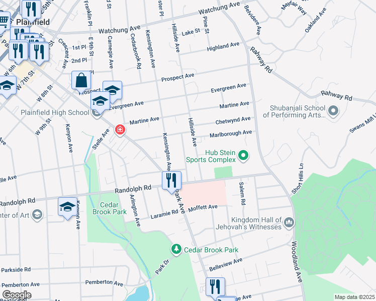 map of restaurants, bars, coffee shops, grocery stores, and more near 1131 Stilford Avenue in Plainfield