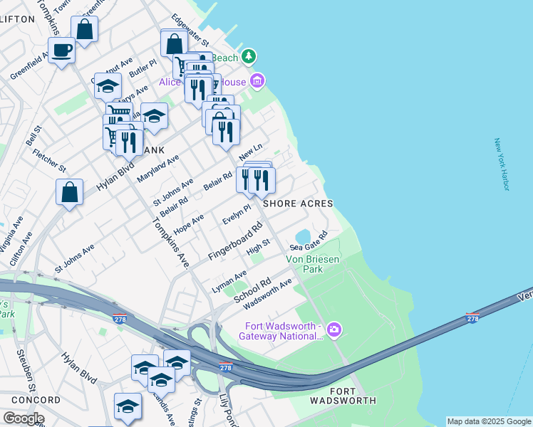 map of restaurants, bars, coffee shops, grocery stores, and more near 1409 Bay Street in Staten Island