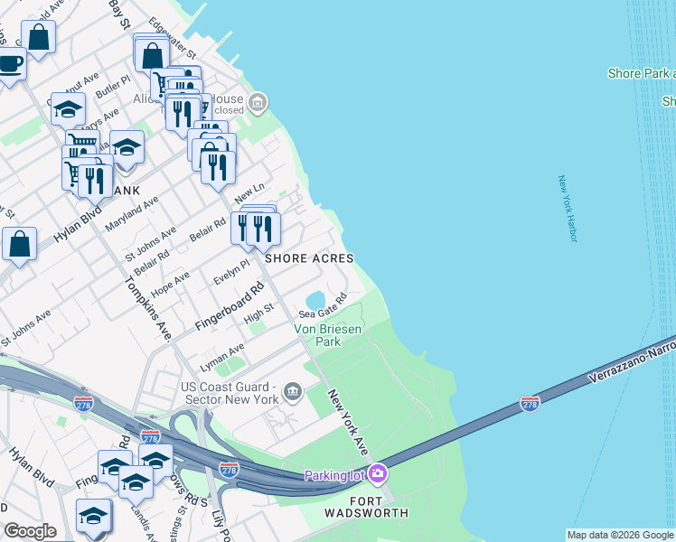 map of restaurants, bars, coffee shops, grocery stores, and more near 34 Sea Gate Road in Staten Island