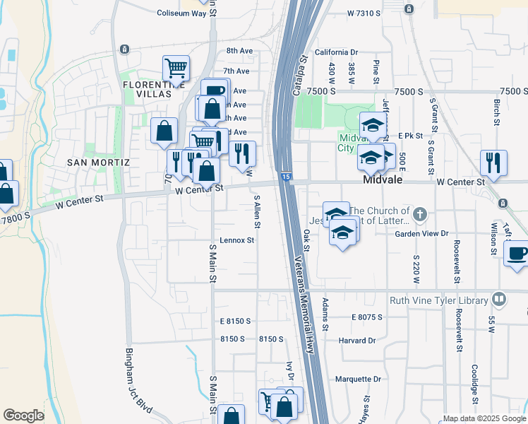 map of restaurants, bars, coffee shops, grocery stores, and more near 7777 South 600 West in Midvale