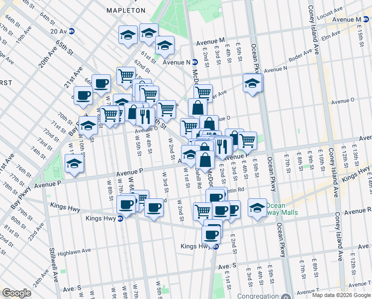map of restaurants, bars, coffee shops, grocery stores, and more near 2490 65th Street in Brooklyn