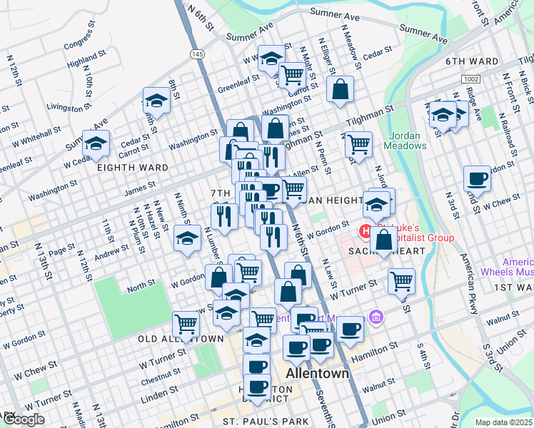 map of restaurants, bars, coffee shops, grocery stores, and more near 633 Liberty Street in Allentown