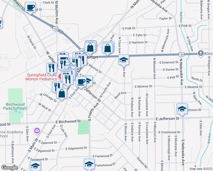 map of restaurants, bars, coffee shops, grocery stores, and more near 209 North Fourth Avenue in Morton