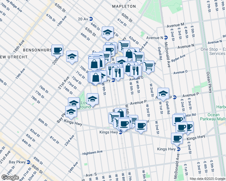 map of restaurants, bars, coffee shops, grocery stores, and more near 1535A West 8th Street in Brooklyn