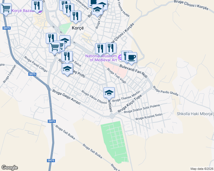 map of restaurants, bars, coffee shops, grocery stores, and more near Rruga Partizani in Korçë
