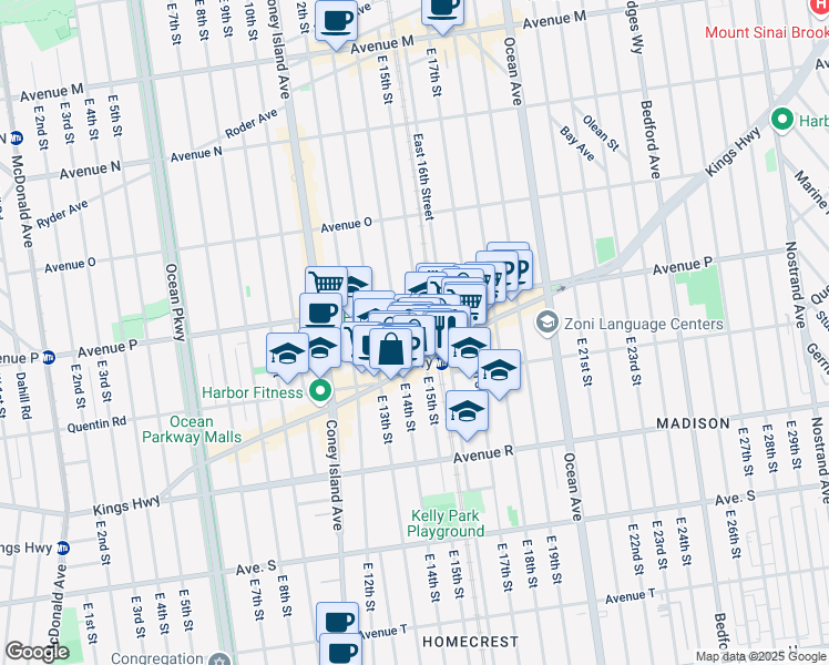 map of restaurants, bars, coffee shops, grocery stores, and more near 1630 East 15th Street in Brooklyn