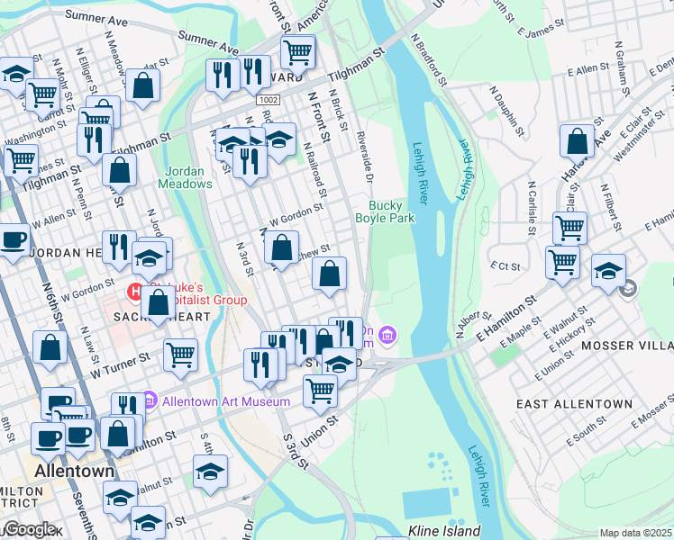 map of restaurants, bars, coffee shops, grocery stores, and more near 220 North Railroad Street in Allentown